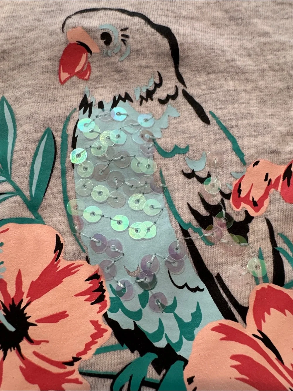 Girls' Heather Gray Parrot & Floral Sequin Tee